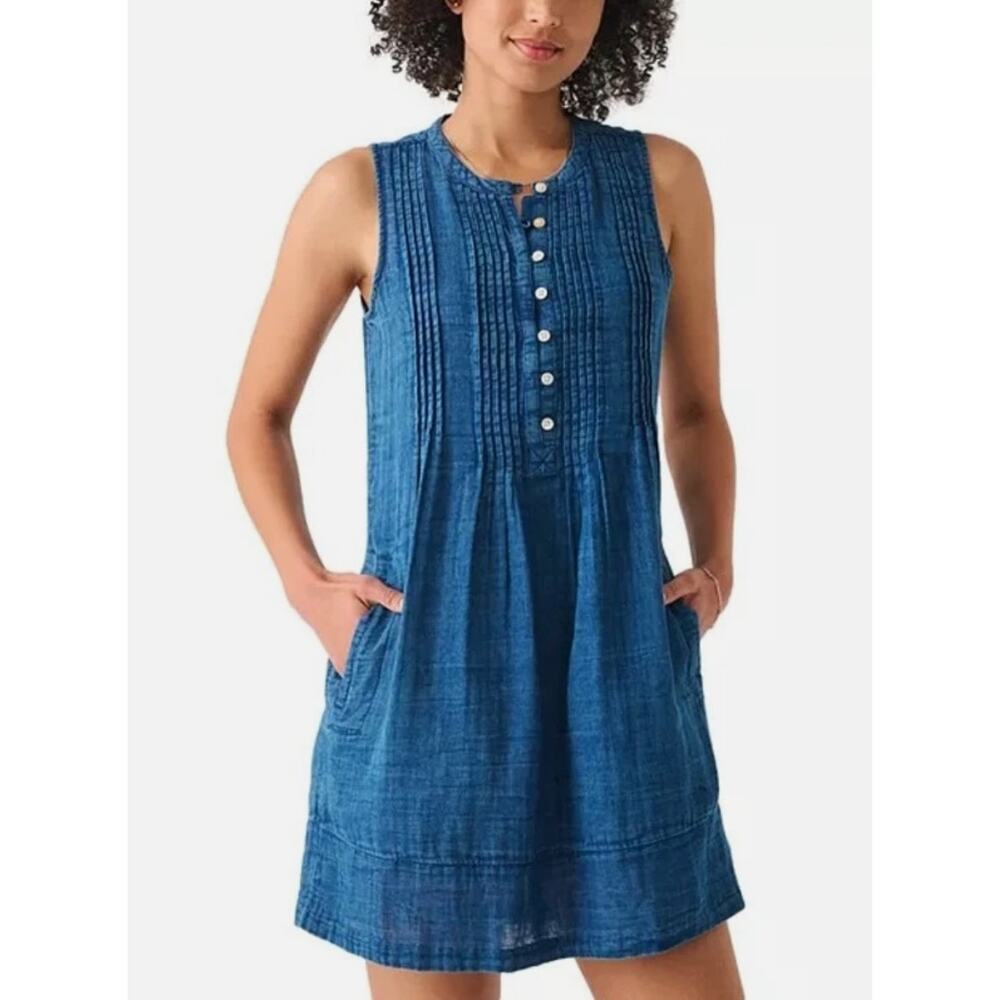 Faherty Isha Sleeveless Dress Seersucker Organic Cotton Indigo Dyed Size XS